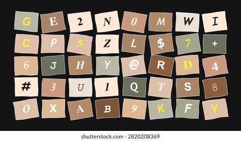 Grid layout of random characters and symbols on square tiles creating unique ransom style background graphic element now.