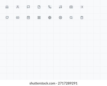 Un diseño de cuadrícula muestra diferentes iconos, incluidos el hogar, el chat, la llamada, el correo electrónico, la música, la cámara y la búsqueda. Estos íconos representan funciones comunes en App y Sitios web digitales.