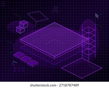 Un diseño de cuadrícula muestra varias Formas geométricas, como cubos y paneles dispuestos alrededor de una base central. El escenario es oscuro con reflejos morados, lo que sugiere un enfoque en el diseño digital.