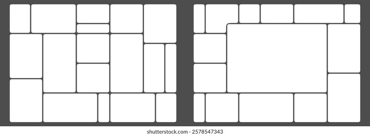 Grid layout template design. Rounded rectangular shape mosaic of square frames in bento box pattern. Product presentation infographic dashboard ui screen. Bricks for photo montage, landing graph.