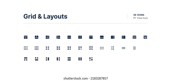 Estilo relleno del paquete de iconos de la interfaz de usuario de cuadrícula y diseños