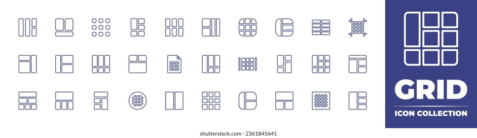 Grid line icon collection. Editable stroke. Vector illustration. Containing grid lines, list, grid, bars, layout, right, left sign, sitemap, framework, pieces, sheet.