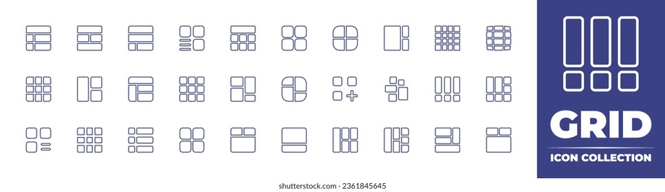 Grid line icon collection. Editable stroke. Vector illustration. Containing list, layout, grid, listing, blocks, news, grid lines, bars, bottom alignment, footer, sections.