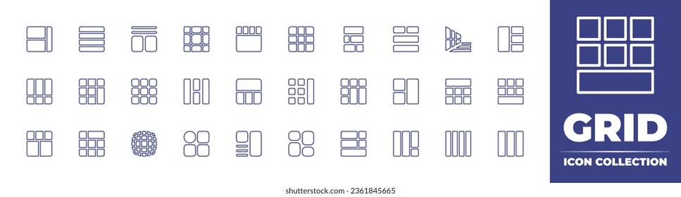 Colección de iconos de línea de cuadrícula. Trazo editable. Ilustración vectorial. Consta de disposición, menú, cuadrícula, lista, contenido, diseño, doble, perspectiva, barra lateral.
