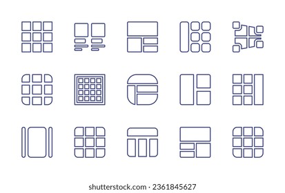 Conjunto de iconos de línea de cuadrícula. Trazo editable. Ilustración vectorial. Consta de disposición, perspectiva, imágenes, cuadrícula, malla, tabla, centro, menú.
