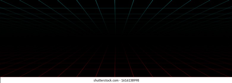 Grid lines in perspective. Abstract background. Grid seamless pattern background. Panorama view. Neon background with laser grid in design 80s. Perspective grid in red and green color. Vector 