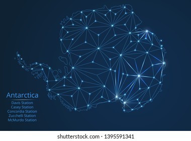 Grid map of Antarctica with the effect of a light spot. Wire frame triangular mesh in vector format with the image of research stations