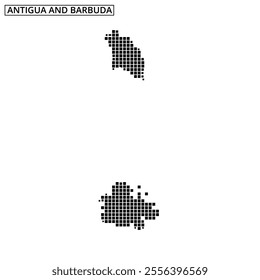 A grid map displaying the outline of Antigua and Barbuda in black dots, emphasizing Caribbean island geography and location.