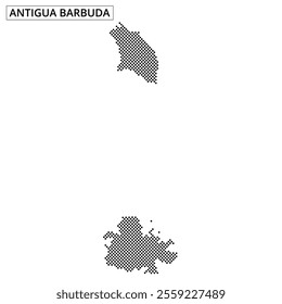 A grid map displaying the outline of Antigua and Barbuda in black dots, emphasizing Caribbean island geography and location.