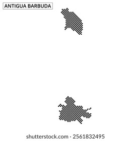 A grid map displaying the outline of Antigua and Barbuda in black dots, emphasizing Caribbean island geography and location.