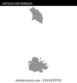 A grid map displaying the outline of Antigua and Barbuda in black dots, emphasizing Caribbean island geography and location.