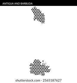 A grid map displaying the outline of Antigua and Barbuda in black dots, emphasizing Caribbean island geography and location.