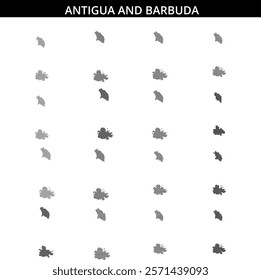 A grid map displaying the outline of Antigua and Barbuda in black dots, emphasizing Caribbean island geography and location.