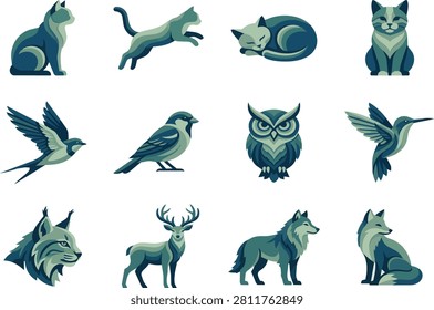 Grid matrix set bundle containing multiple land wildlife mammals silhouettes