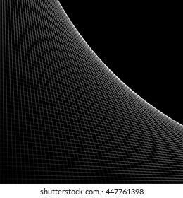 Grid, mesh of intersecting lines with curve, arc spreading from the corner. Reticulate pattern with asymmetry. Abstract monochrome illustration.