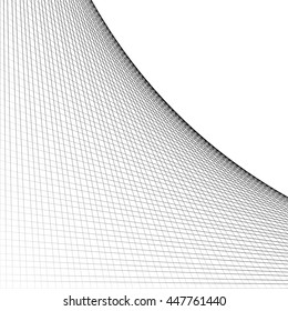 Grid, mesh of intersecting lines with curve, arc spreading from the corner. Reticulate pattern with asymmetry. Abstract monochrome illustration.