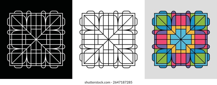 Grid mesh mandala with layered squares and bright geometric accents for modern decor.