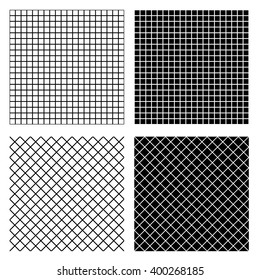 Grid, mesh textures. Set of seamless monochrome patterns, backgrounds.