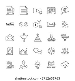 Cuadrícula de iconos mínimos dibujados a mano que representan la creación de contenido, marketing, análisis, centro de participación