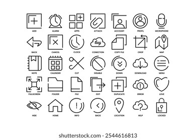 A grid of minimalist icons representing various functions and applications on website user interface