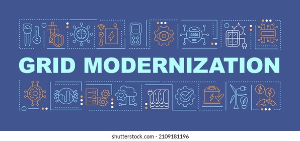 Grid modernization word concepts blue banner. Power system. Infographics with linear icons on background. Isolated typography. Vector color illustration with text. Arial-Black font used