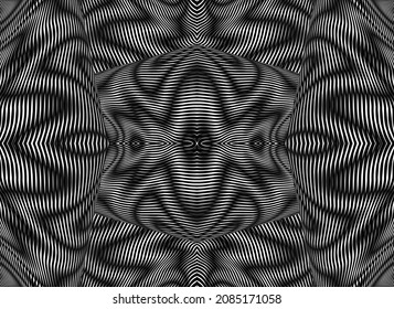 Grid monochromatic geometric seamless pattern with optical illusion effect. Vector wavy linear moire effect digital graphics in black and white tones.