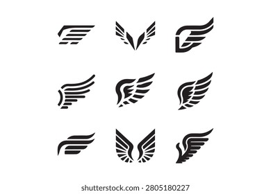 Grid of monochrome feather emblems with bold curving lines and sharp wings. Graphic, high-contrast style for badges, tattoos, and brand marks, offering a powerful, winged theme.