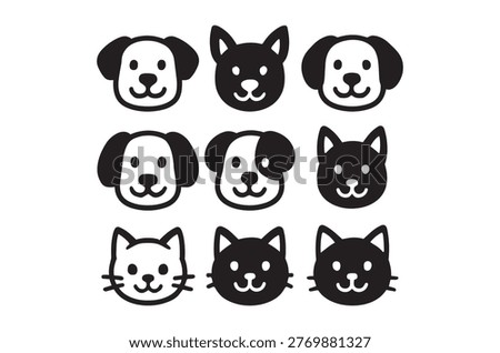 A grid of monochrome icons showcasing happy dog and cat faces in a minimalist style.