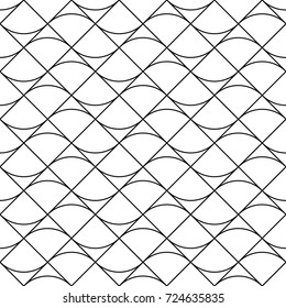 Grid motif. Ethnic embroidery ornament with repeated scallops. Scale. Repeat scallop background. Seamless surface pattern design with scales. Grill wallpaper. Crossed diagonal lines and curves. Vector