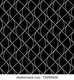 Grid motif. Ethnic embroidery ornament with repeated scallops. Scale. Repeat scallop background. Seamless surface pattern design with scales. Grill wallpaper. Crossed diagonal lines and curves. Vector