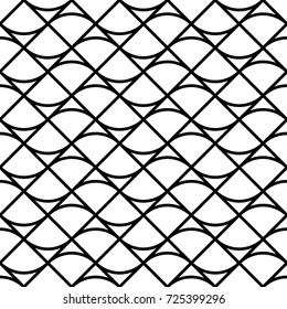 Grid motif. Ethnic embroidery ornament with repeated scallops. Scale. Repeat scallop background. Seamless surface pattern design with scales. Grill wallpaper. Crossed diagonal lines and curves. Vector