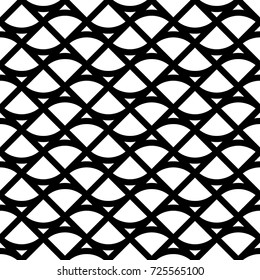 Grid motif. Ethnic embroidery ornament with repeated scallops. Scale. Repeat scallop background. Seamless surface pattern design with scales. Grill wallpaper. Crossed diagonal lines and curves. Vector