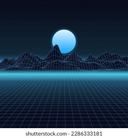 Montaña de la cuadrícula. Wire Hills 80 estilo de línea de video juegos, wireframe paisaje de fondo futurista. Montañas vectoriales con panorama de estructura de malla solar. Mapa azul, neón, área cuadrada del ciberpunk