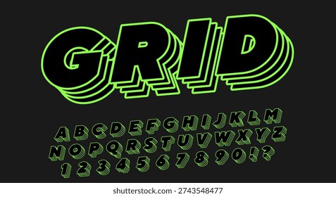 Grid Neon Retro 3D Font - Black Alphabet with Green Layered Shadow on Dark