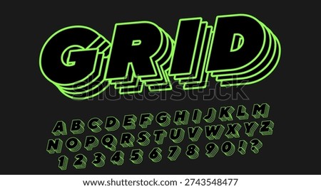 Grid Neon Retro 3D Font - Black Alphabet with Green Layered Shadow on Dark