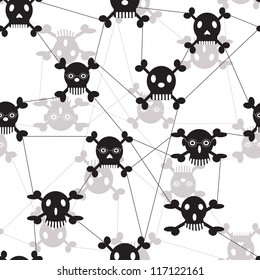 Grid network with funny skulls and crossbones. Vector seamless background.