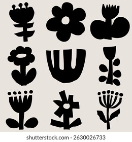A grid of nine abstract modern art minimalist black and white cutout floral designs. Vector seamless pattern with bold botanical shapes. Home decor poster illustration