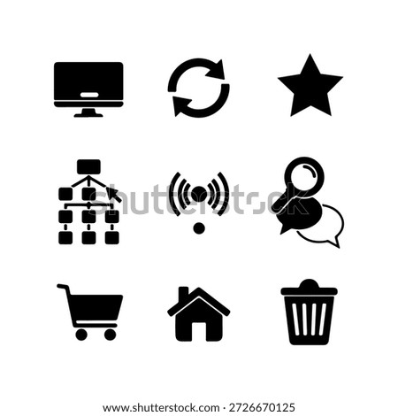 A grid of nine black icons, each representing a common digital function. From top-left to bottom-right, the icons include a monitor, a refresh symbol, a star, a sitemap, a Wi-Fi signal, a user profile with speech bubbles, a shopping cart, a house, and a trash can. These icons are suitable for use in user interfaces for websites and applications.