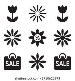 Una cuadrícula de nueve iconos negros con varias flores estilizadas y bolsas de compras con la palabra VENTA.