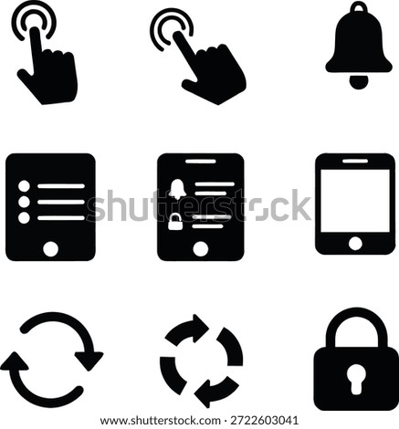 A grid of nine black icons on a white background. Icons include finger tap, notification bell, list on tablet, profile on tablet, smartphone, refresh arrows, and a padlock.