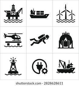 A grid of nine black icons representing various industrial and energy sectors including oil rig, cargo ship, wind turbines, helicopter, diver, gas storage, lighthouse, plug, and crane ship.
