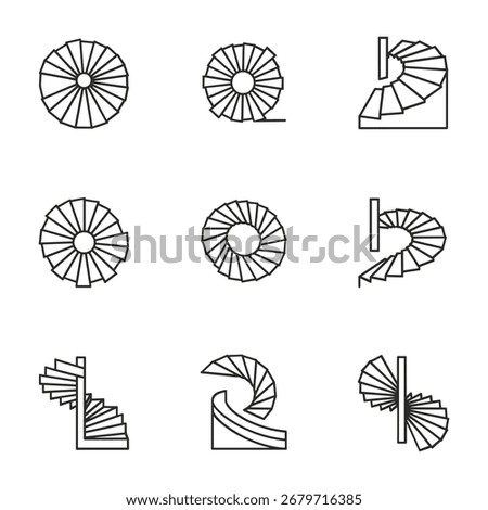 A grid of nine black line art icons depicts various styles and perspectives of spiral staircases.  