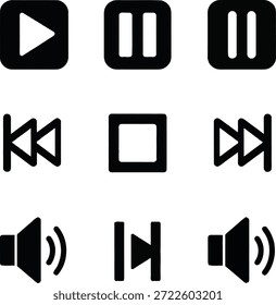 Una cuadrícula de nueve iconos de reproductor multimedia negro sobre un fondo blanco. Los iconos incluyen símbolos de reproducción, pausa, parada, rebobinado, avance rápido y volumen.