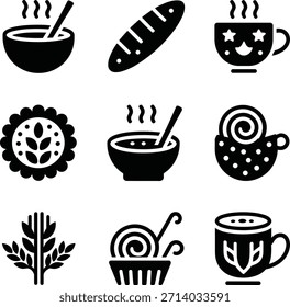 A grid of nine black and white icons representing food and beverages.