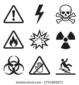 A grid of nine black and white icons representing various warning hazard and danger symbols for safety and alerts.