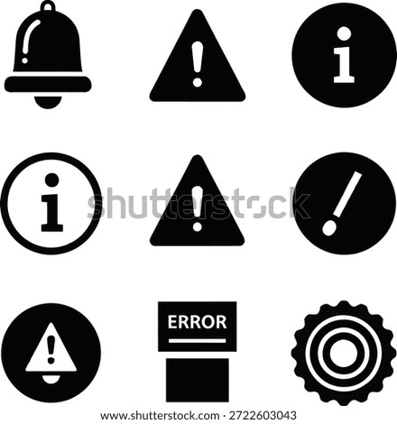 A grid of nine black and white icons including a bell, warning triangles with exclamation marks, circles with the letter 'i', an error message, and a gear cog.