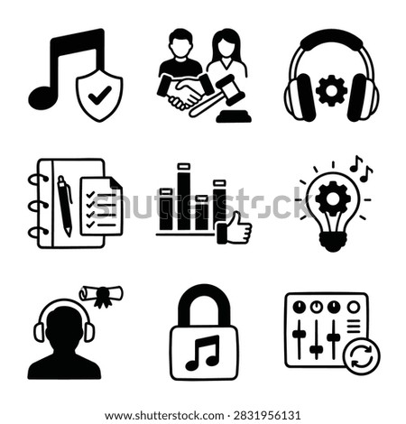 A grid of nine black and white icons representing various aspects of music and audio production