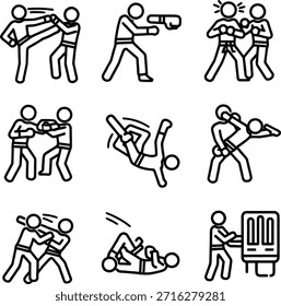 A grid of nine black and white line art icons depicting various martial arts and combat sports actions.