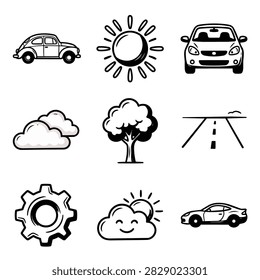 A grid of nine black and white line art icons featuring cars, sun, clouds, a tree, a road, and a gear.