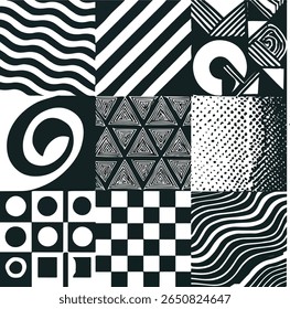 A grid of nine black-and-white geometric patterns featuring stripes, spirals, triangles, waves, dots, and checkerboards, ideal for backgrounds or modern graphic compositions.